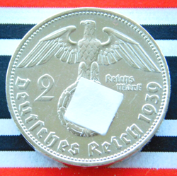 GERMAN 2 REICHSMARK 1939 D HINDENBURG SILVER COIN 3RD THIRD REICH WW2   UNC MARK