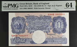 £1 WAR BANK ENGLAND NOTE PEPPIATT B249 367A PMG 64 1940-1948 PINK & BLUE WW2