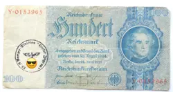 GERMAN BANKNOTE 100 REICHSMARK 1935 SWASTIKA 3RD WW2 MONEY BILL MILITARY STAMPED