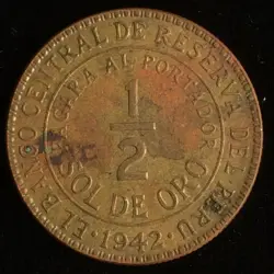 1942 PERU 1/2 SOL, WW2 ERA COIN