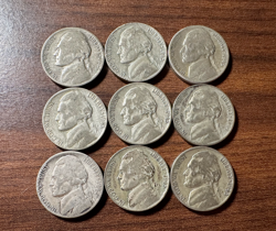 LOT OF 9 - SILVER JEFFERSON NICKELS - WORLD WAR 2 35% SILVER COINS - NINE COINS