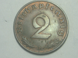 GERMANY 2 REICHSPFENNIG  1938-D COIN - WW2 NAZI ERA