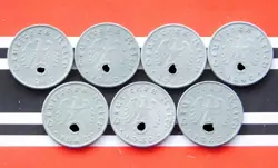 GERMAN FULL SET 7X COINS 5 REICHSPFENNIG 1940 A - J ZINC SWASTIKA 3RD REICH WW2