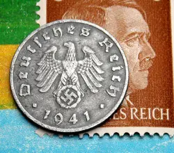 XX-RARE 1941-E WW2 NAZI GERMANY 1 REICHSPFENNIG SWASTIKA COIN & HITLER STAMP LOT