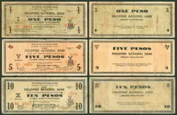 1941 US PHILIPPINES 1 5 & 10 PESOS PNB NEGROS OCCIDENTAL WW2 EMERGENCY NOTES