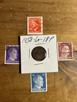 WW2 GERMAN NAZI 1938-G 1 PFENNIG NAZI COIN AND STAMPS SWASTIKA B