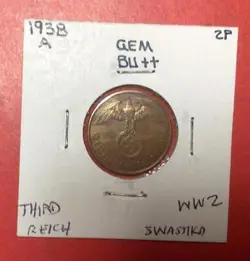 1938A GERMANY THIRD REICH SWASTIKA WORLD WAR 2! 2 PFENNIG! OLD GERMAN COIN!