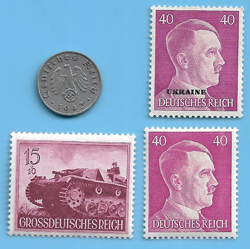 GERMANY WW2 1943 F 1 RPF SWASTIKA COIN & HITLER SWASTIKA STAMP LOT WW2 ERA  #8