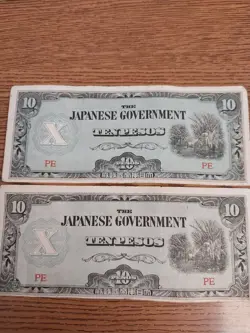 (2) 1942 JAPAN BANKNOTE PHILIPPINES 10 TEN PESOS ASIA CURRENCY WW2 ASIAN NOTE