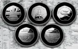 5 SILVER WORLD WAR 2 COMMEMORATIVE COINS. DUNKIRK, D-DAY, VE DAY, BISMARCK. WW2