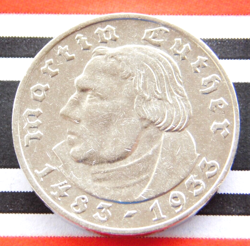GERMAN 2 REICHSMARK 1933 A MARTIN LUTHER SILVER COIN 3RD REICH WW2   RARE   MARK
