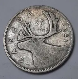 1941 CANADA 25 CENTS (80% SILVER) COIN - KING GEORGE VI   