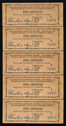 PHILIPPINES - LOT SET OF 5 EMERGENCY BANKNOTES WW2 - 5 CENTAVOS 1943 P-S481B