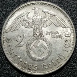 1938-B NAZI GERMANY WW2 THIRD REICH 2 REICHSMARK SILVER COIN