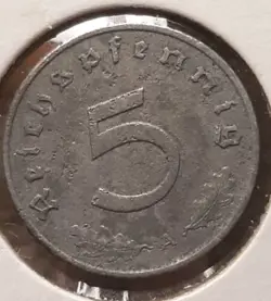 VINTAGE 1940 A , WW2 GERMAN 5 REICHSPFENNIG , WWII ERA HEAVILY CIRCULATED COIN
