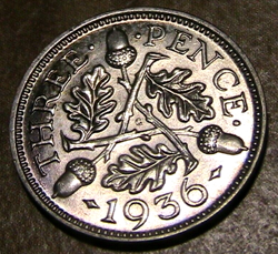 1936 GREAT BRITAIN THREEPENCE CH BU LUSTROUS ORIG. BRITISH WW2 SILVER UK 3P COIN