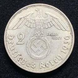 RARE 1936 D THIRD REICH WW2 GERMAN 2 REICHSMARK HINDENBURG SILVER COIN TRC 007