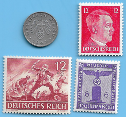 GERMANY WW2 1943 A 1 RPF SWASTIKA COIN & HITLER SWASTIKA STAMP LOT WW2 ERA  #10