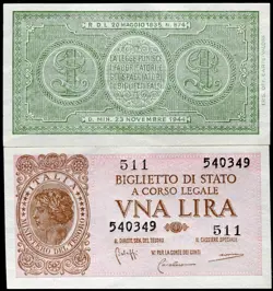 ITALY 1944 1 LIRE WORLD WAR 2 | ALMOST UNC BANKNOTE | PICK 29.B |FREE SHIPPING
