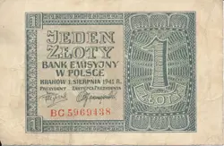 CURRENCY GERMANY POLAND 1941 WW2 3RD REICH OCCUPATION 1 ZLOTY CIRCULATED POOR