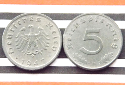 GERMAN COIN 1947 D 5 REICHSPFENNIG ZINC ALLIED OCCUPATION 3RD REICH WW2 RARE UNC