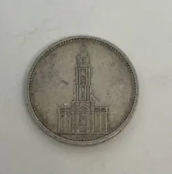 1934 F WW2 GERMAN 5 REICHSMARK COIN, POTSDAM GARRISON CHURCH, SWASTIKA