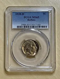 1938-D 5C BUFFALO NICKEL PCGS MS65--SEE STORE WW1-WW2 MEDALS STERLING SILVER