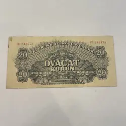 20 DVACAT KORUN CHECHOSLOVAKIA GOOD CONDITION 1944 WW2 BANKNOTE