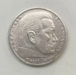 1938 G WW2 GERMAN 5 REICHSMARK COIN, THIRD REICH, VON HINDENBURG, HITLER