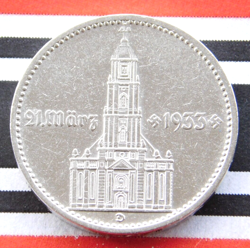 GERMAN 2 MARK REICHSMARK 1934 D POTSDAM CHURCH SWASTIKA DATE SILVER COIN 3RD WW2