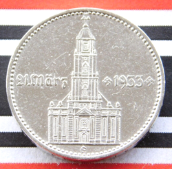GERMAN 2 REICHSMARK 1934 E POTSDAM CHURCH SWASTIKA DATE SILVER COIN 3RD WW2 MARK
