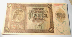 CROATIA 1000 KUNA 1941 BANKNOTE, WW2, CRISP NICE