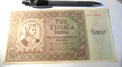 CROATIA 5000 KUNA 1943 UNC CV £35 WW2 BANKNOTE