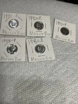 WAR TIME WW2 DATES LOT OF 5 MERCURY DIMES 1941 1942 1943 1944 1945