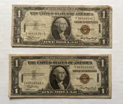 TWO 1935A HAWAII $1 SILVER CERTIFICATES BROWN SEAL WW2 NOTE (LOT OF 2)