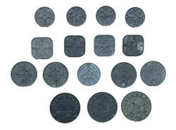 NETHERLANDS, WILHELMINA WW2, 18 COINS, 1C, 21/2C, 5C, 10C, 25C ZINC