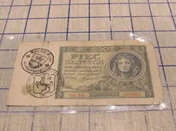 POLAND, 5 ZLOTYCH 1941  WITH POST WW2 REENACTMENT  STAMP.