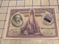 TICKET SPAIN 100 PESETAS 1928 WITH POST WW2 REENACTMENT  STAMP.