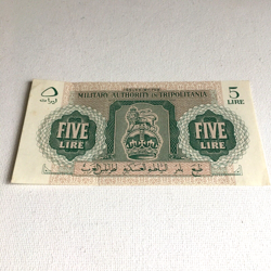 BRITISH MILITARY AUTHORITY IN TRIPOLITANIA 5 LIRE 1943 NOTE LIBYA WW2 ERA