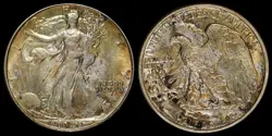 1942 WALKING LIBERTY HALF DOLLAR SILVER US TYPE COIN TONE COLOR PHILADELPHIA WW2