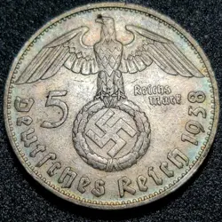 1938-D 5 REICHSMARK *BEAUTIFUL TONE* AUTHENTIC WW2 5 MARK 90% (.900) SILVER COIN
