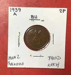 1939A GERMANY THIRD REICH SWASTIKA WORLD WAR 2! 2 PFENNIG! SWASTIKA! OLD COIN!