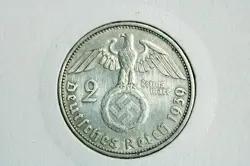 GERMANY THIRD REICH 2 REICHSMARK SILVER COIN 1939 G WW2 ERA. VERY FINE