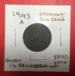 1943A GERMANY THIRD REICH SWASTIKA WORLD WAR 2! 10 PFENNIG! SWASTIKA! OLD COIN!