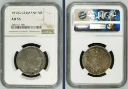 NGC AU55 1939-G 5 MK REICHSMARK HINDENBURG J-367 THIRD REICH SILVER GERMANY WW2