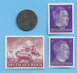 GERMANY WW2 1943 A 1 RPF SWASTIKA COIN & HITLER SWASTIKA STAMP LOT WW2 ERA  #17