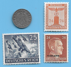 GERMANY WW2 1942 A 1 RPF SWASTIKA COIN & HITLER SWASTIKA STAMP LOT WW2 ERA  #17