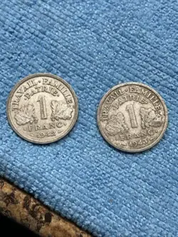 1942 & 1943 1 FRANC WW2 FRANCE , CIRCULATED FRENCH COIN , WWII, OCCUPATION 🔥🔥