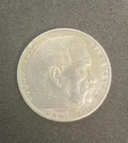 1936 A WW2 GERMAN 5 REICHSMARK COIN, THIRD REICH, HINDENBURG, EAGLE ON REVERSE