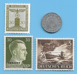 GERMANY WW2 1942 A 1 RPF SWASTIKA COIN & HITLER SWASTIKA STAMP LOT WW2 ERA